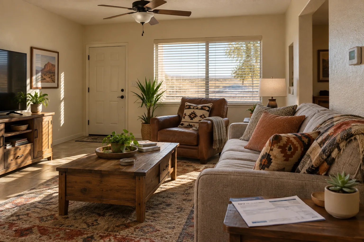 A ceiling fan, window blinds, and a paper bill on a side table in a sunlit living room.