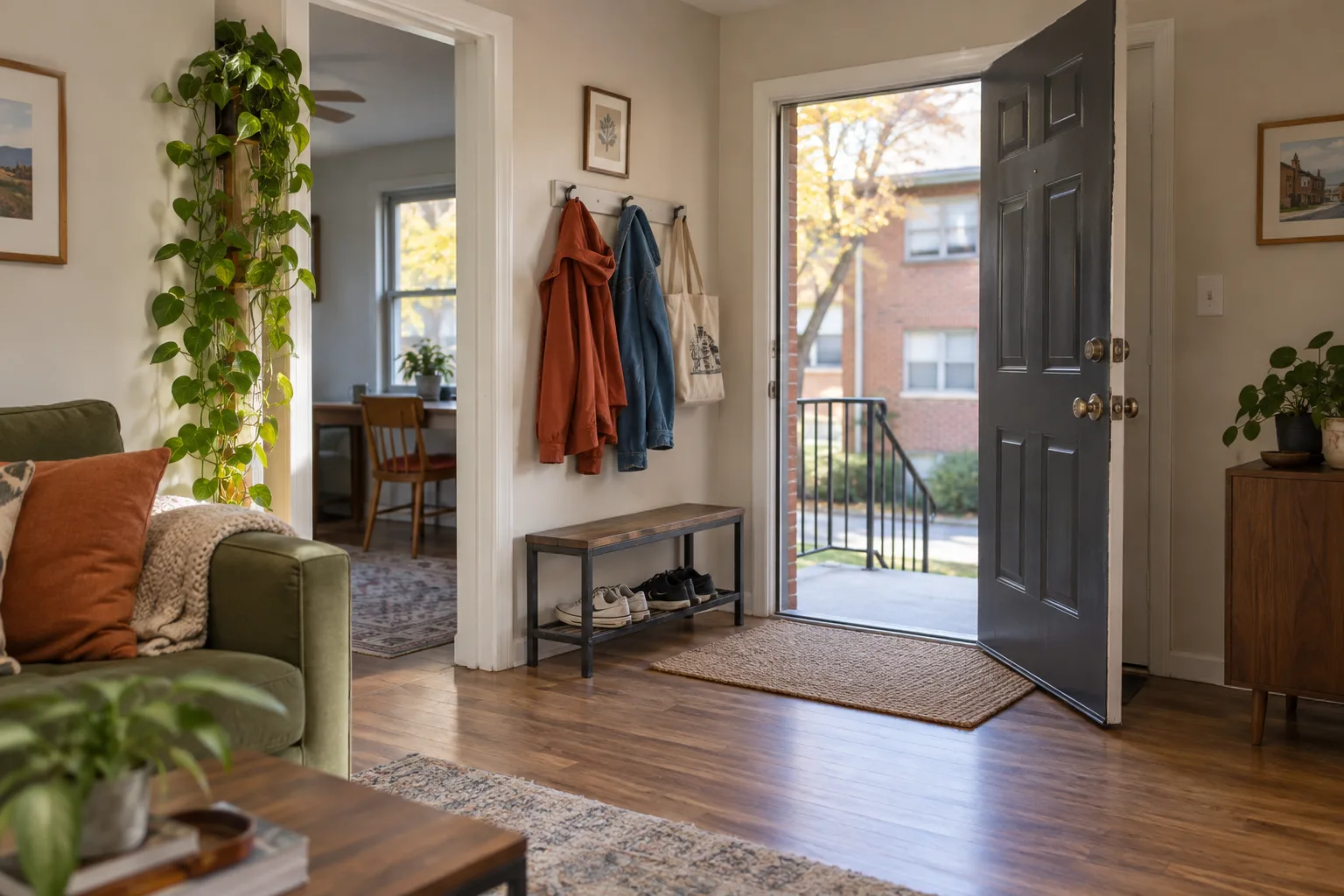 A small apartment entrance with a shoe bench, jackets, and a canvas bag.