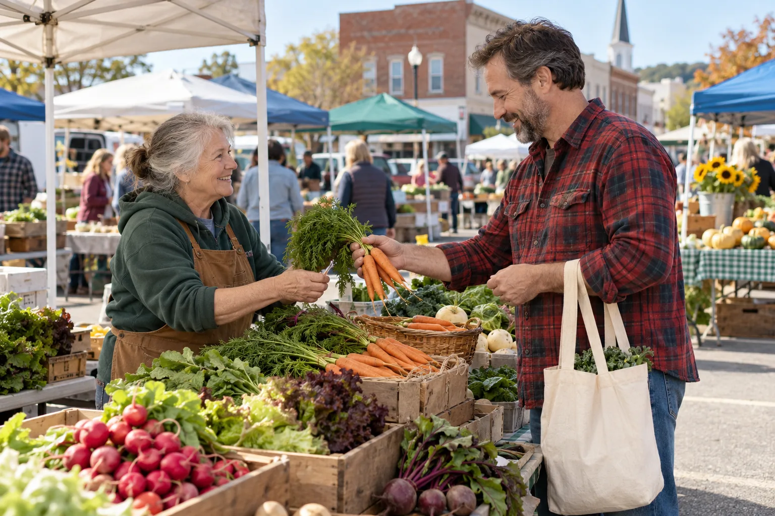 A shopper and a vendor at an outdoor produce stall beneath a market canopy.