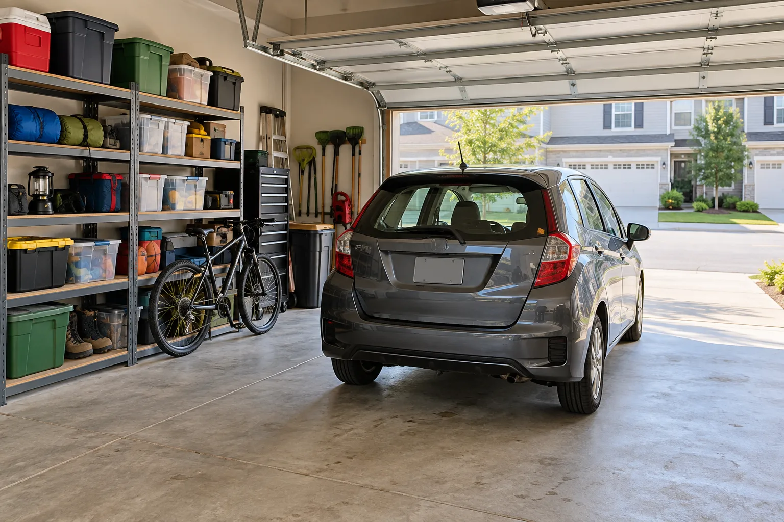 A compact car, bicycle, and storage shelves in an open garage with a concrete floor.