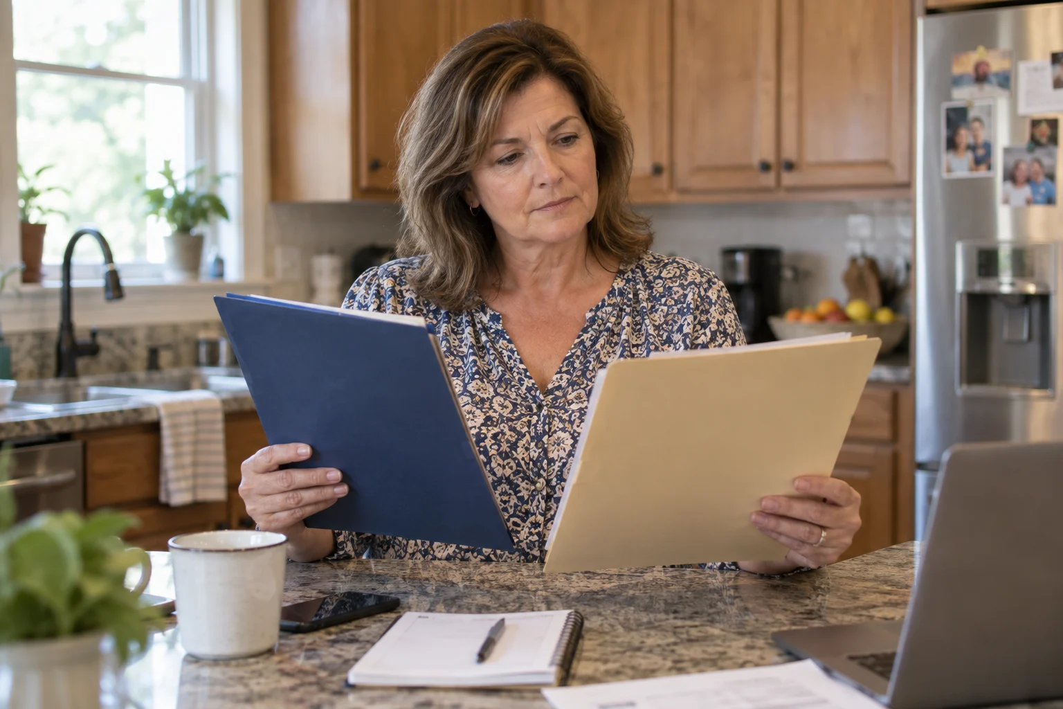 A woman compares documents in two folders at a kitchen counter.
