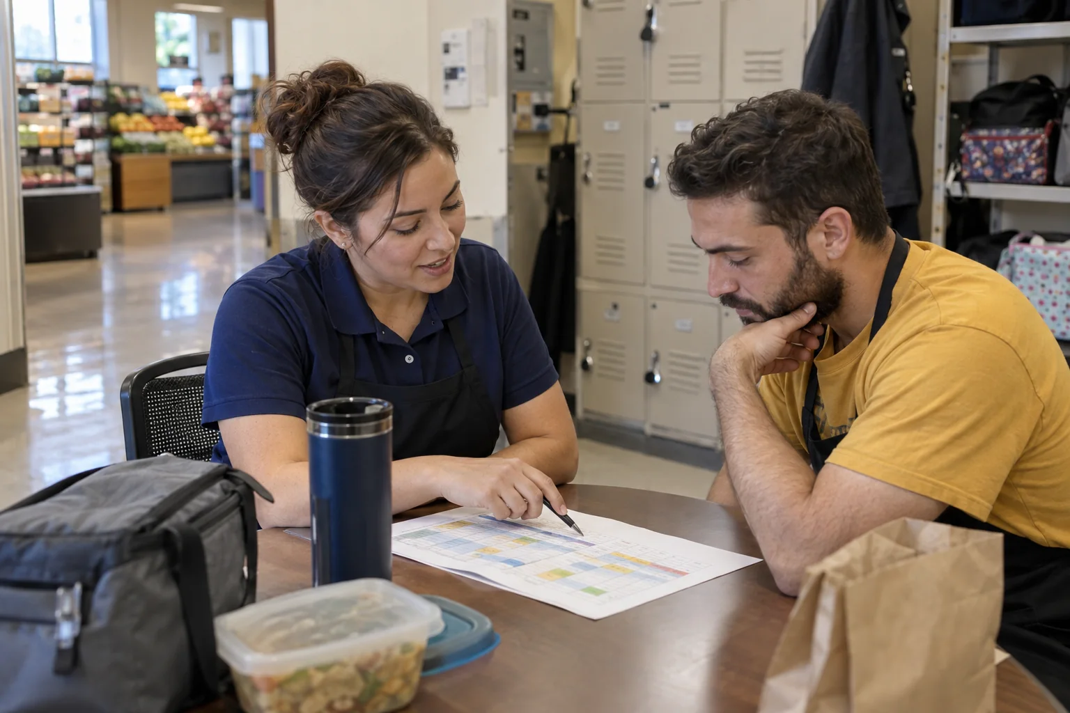 Two adults look over a paper schedule at a table beside workplace lockers.