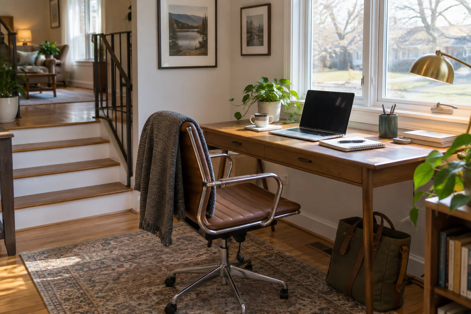 A small desk and office chair beside a window in a split-level home.
