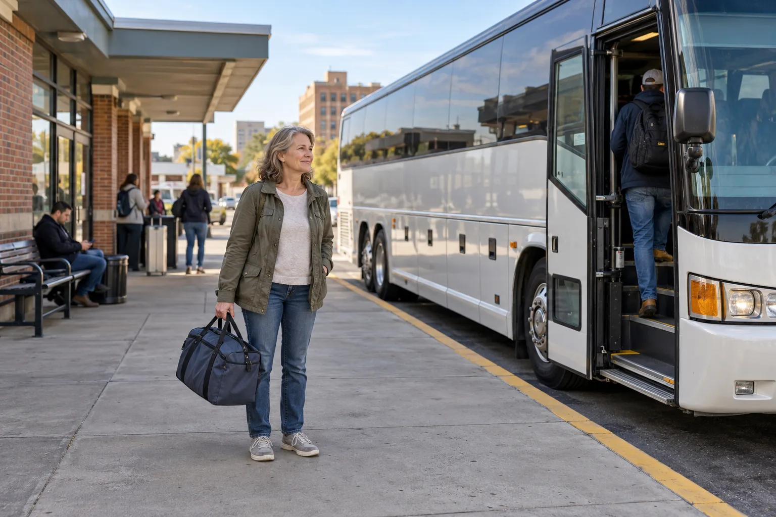 A traveler with a soft bag stands beside an intercity coach at a bus terminal.