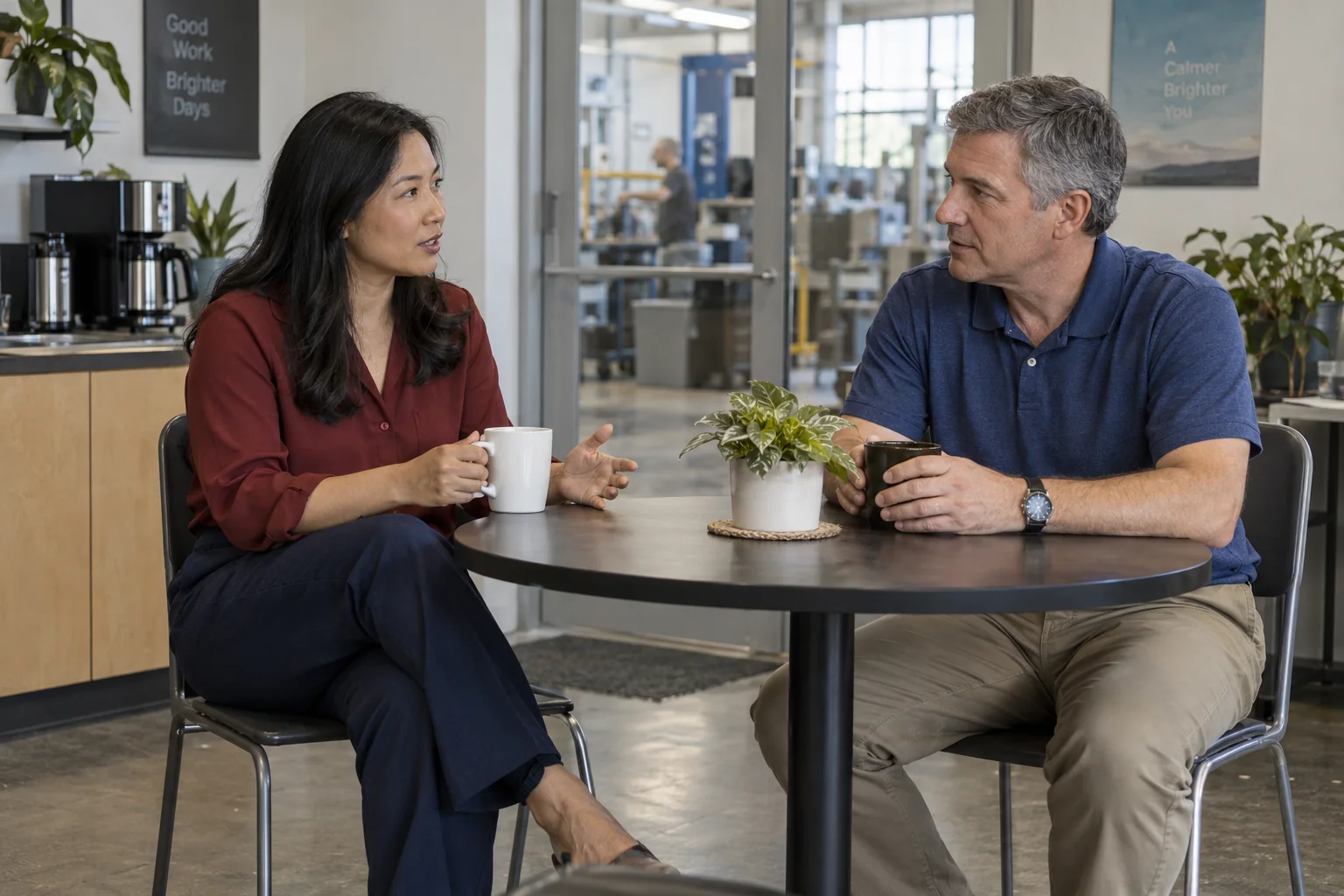 Two colleagues talk across a small table in a workplace break area.