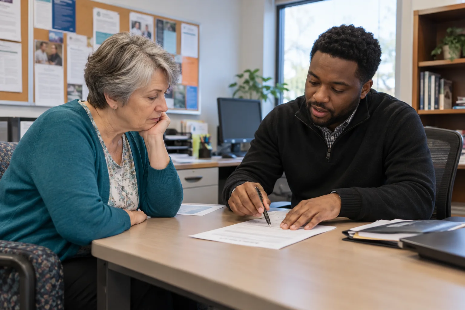Two adults review a document together at a desk in an employment resource office.