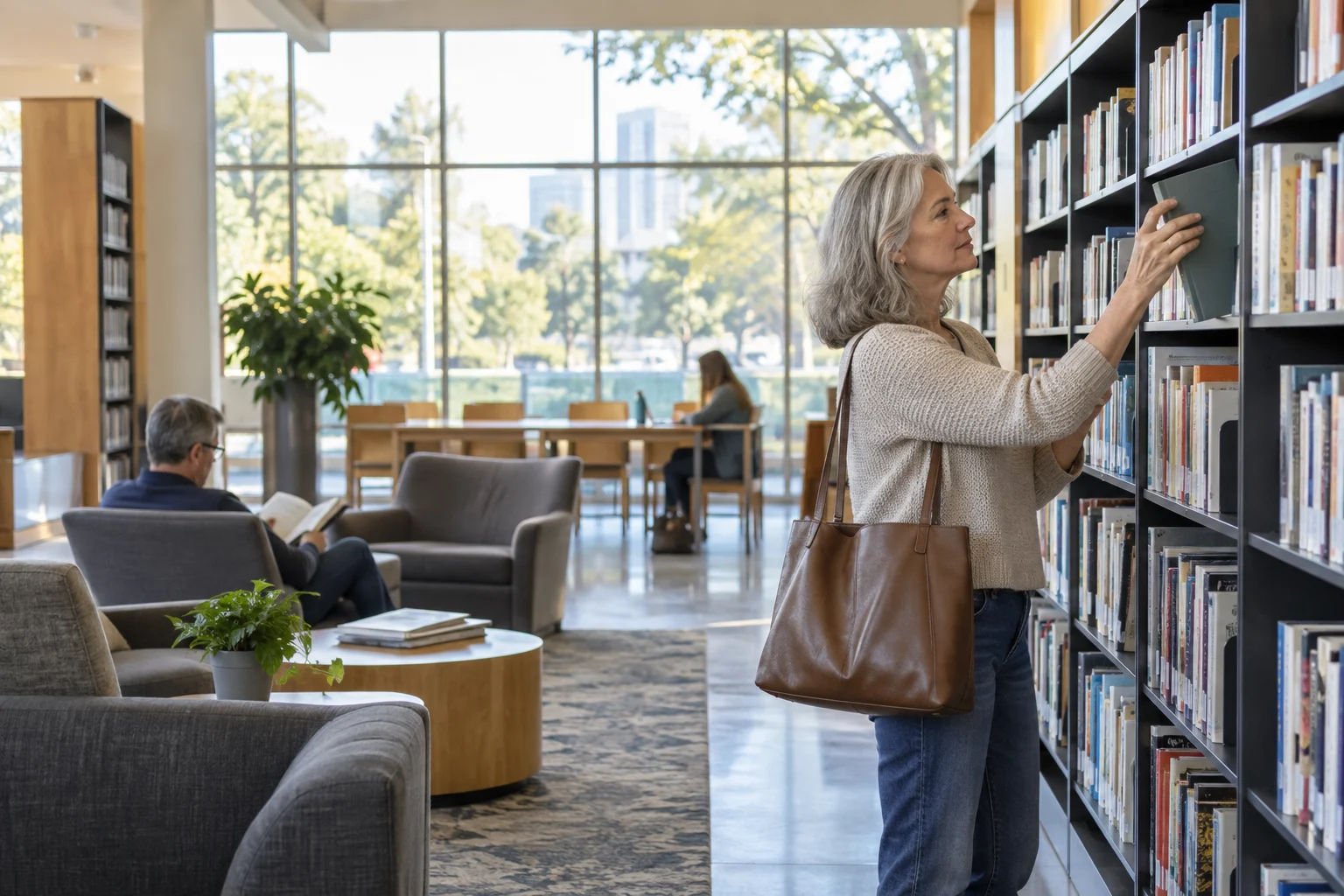 A woman browses books beside reading chairs in a public library.