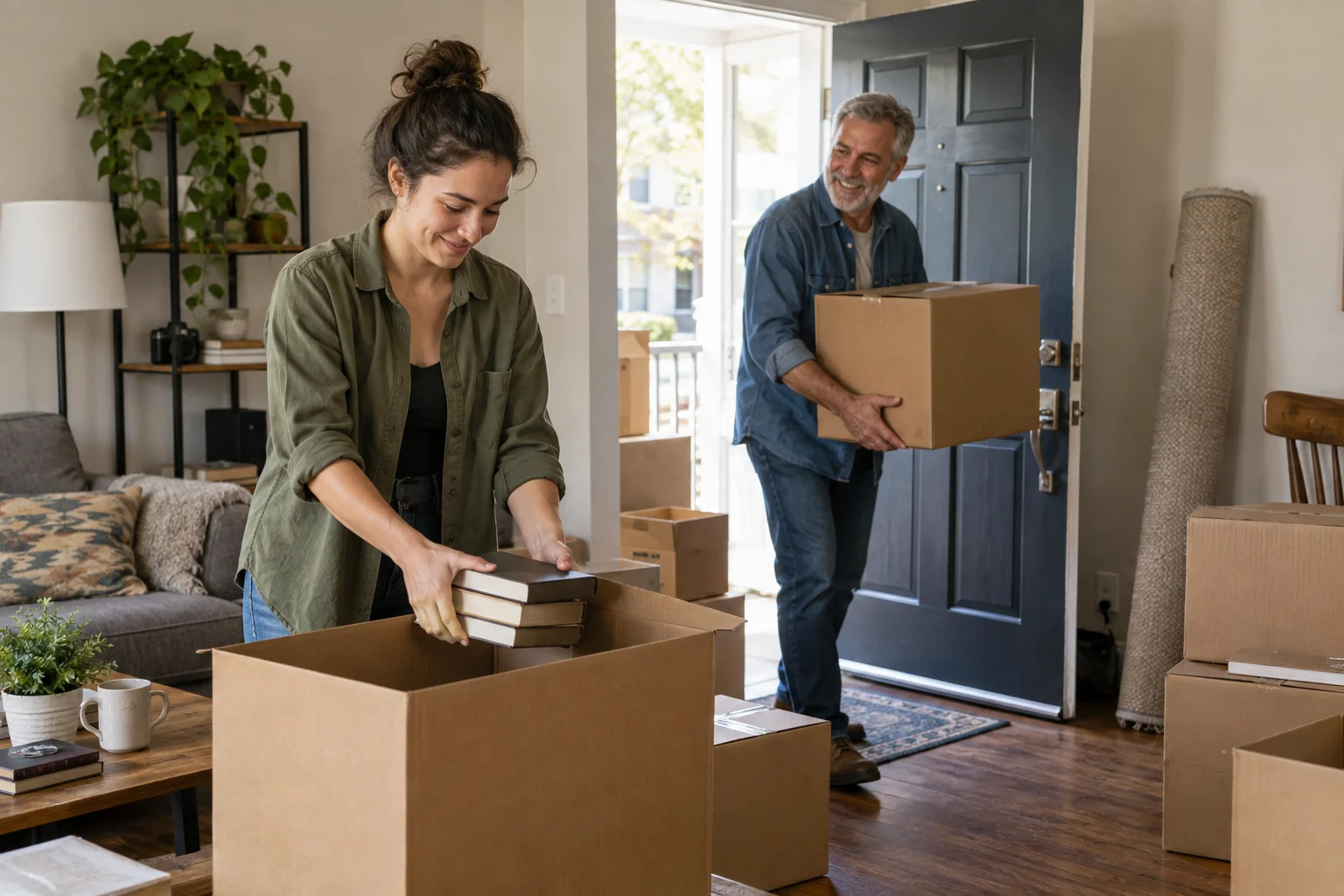 Two adults pack books and carry boxes in an apartment.