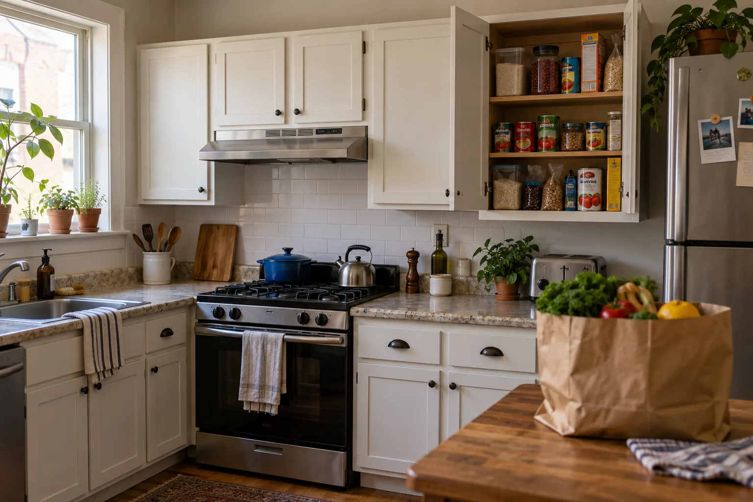 An open food cabinet and a grocery bag in a compact kitchen with white cabinets.