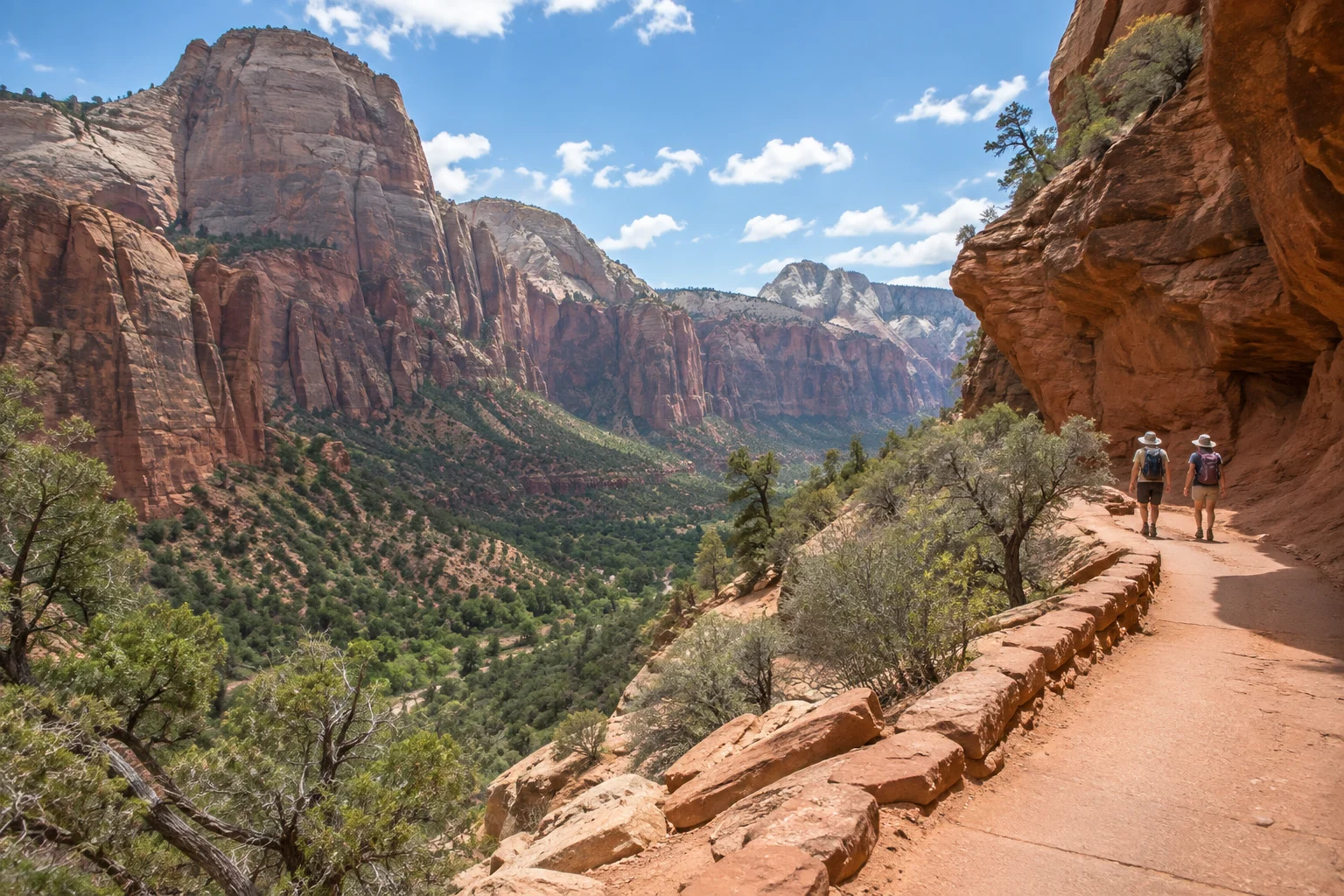 Two hikers follow a maintained trail through a red-rock landscape.