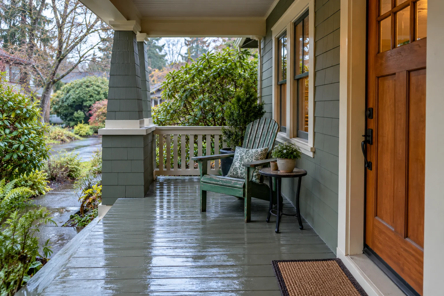A green chair and small table stand beside a clear walkway on a covered wooden porch.