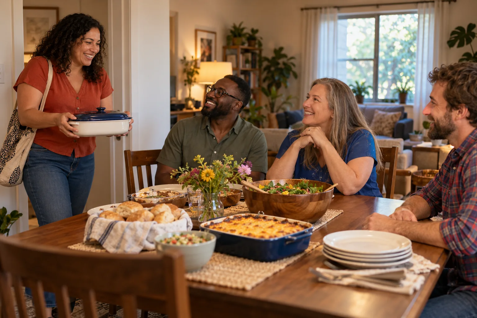 A guest brings a covered casserole to three adults seated around a dining table.