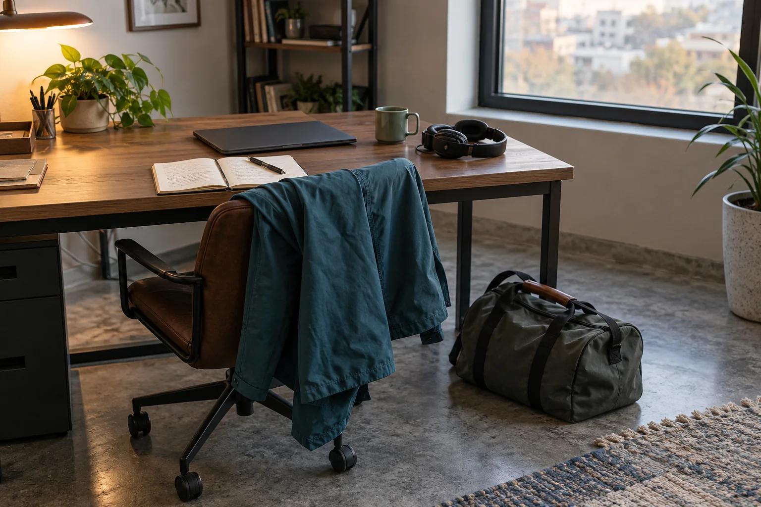 A closed laptop, notebook, headset, and travel bag sit beside a desk ready for time away.