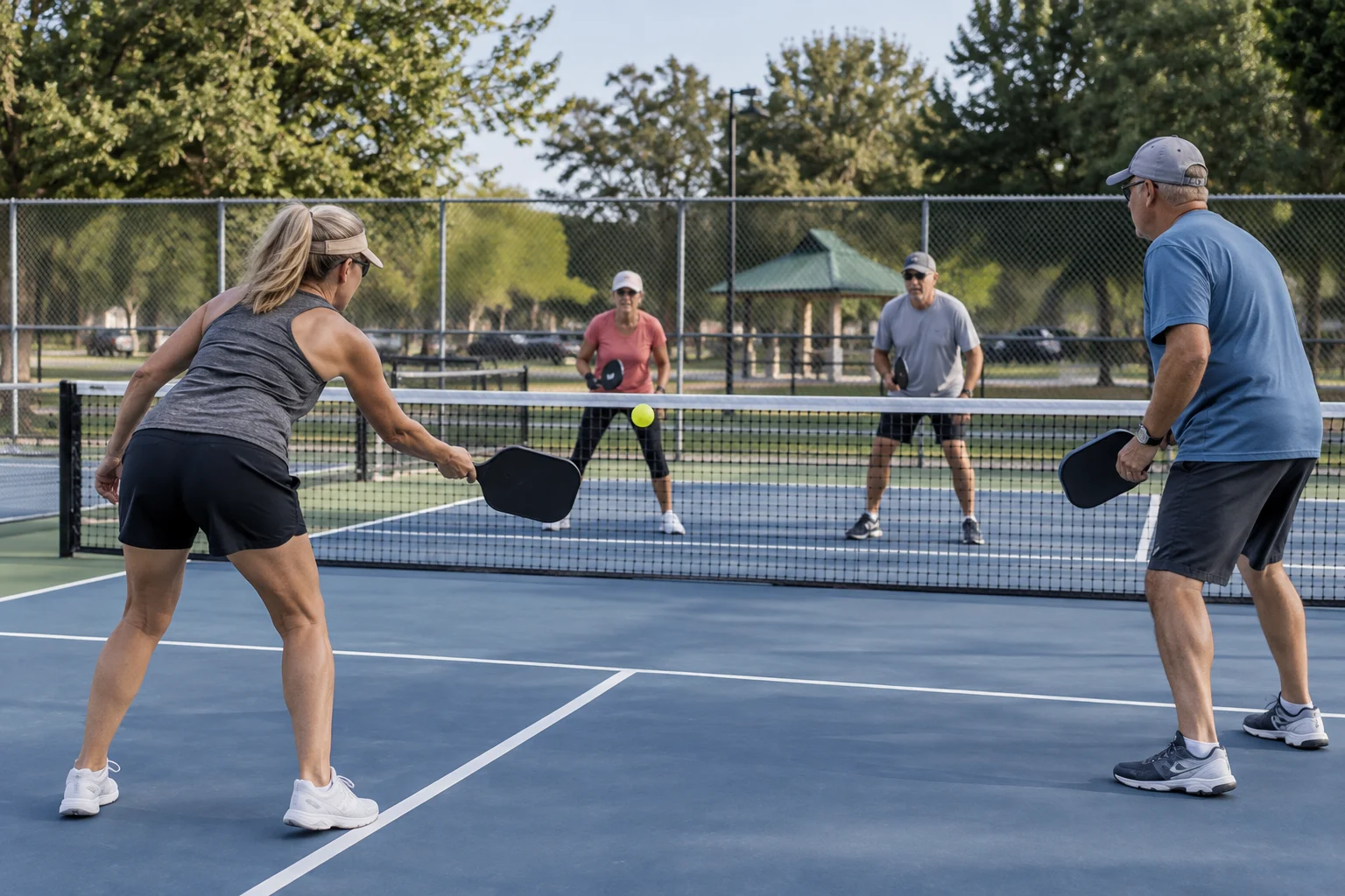 Adults play pickleball on outdoor courts surrounded by trees.