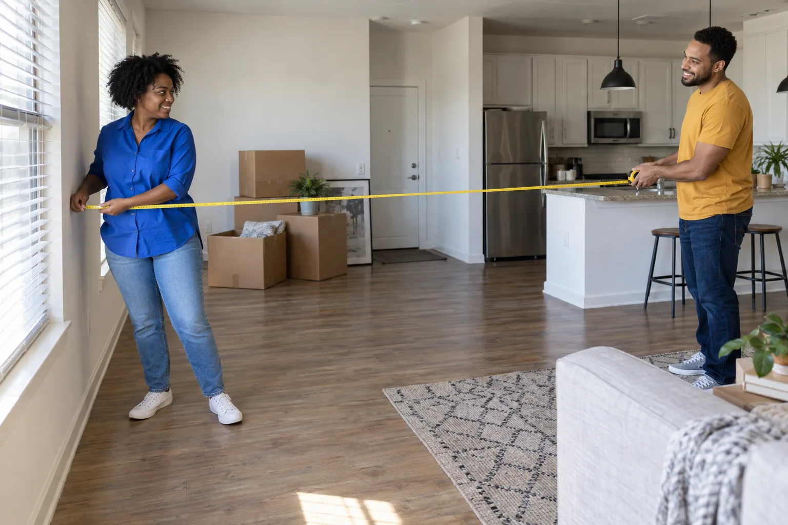 Two people measure a living room beside moving boxes and an open kitchen.