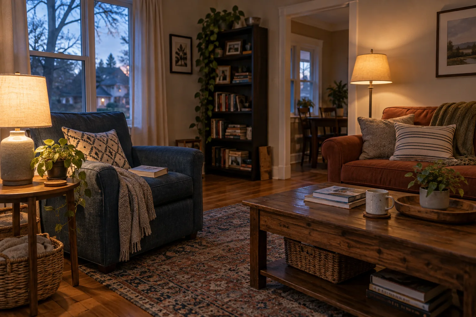 A shaded table lamp and floor lamp illuminate a living room with a blue chair and rust-colored sofa.
