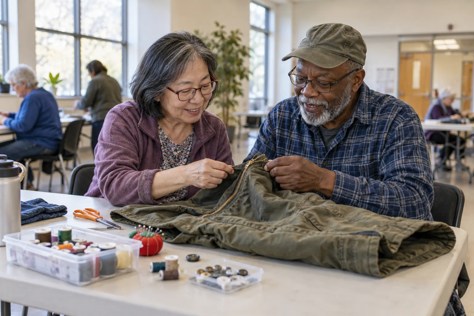 Two adults examine the zipper of a jacket at a community repair table.