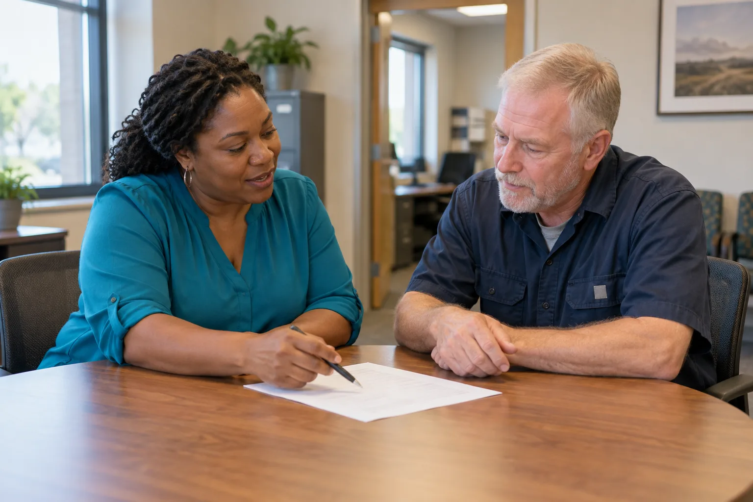 Two adults discuss a paper assignment sheet at a table in an office.