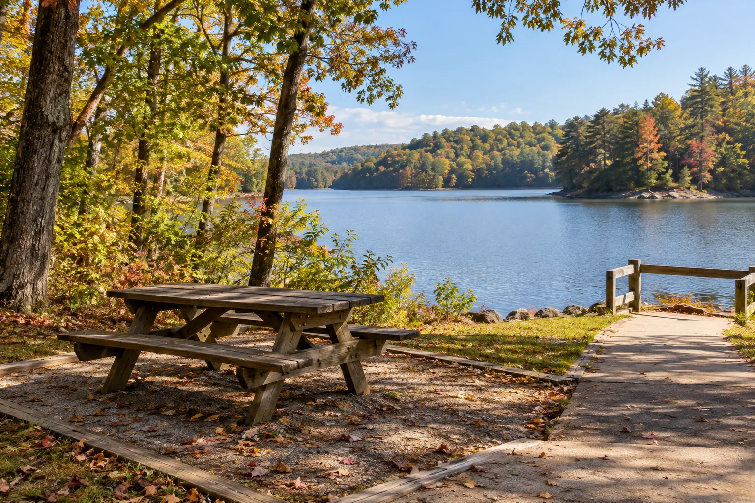 A wooden picnic table beside a paved path and a wooded lake shoreline.