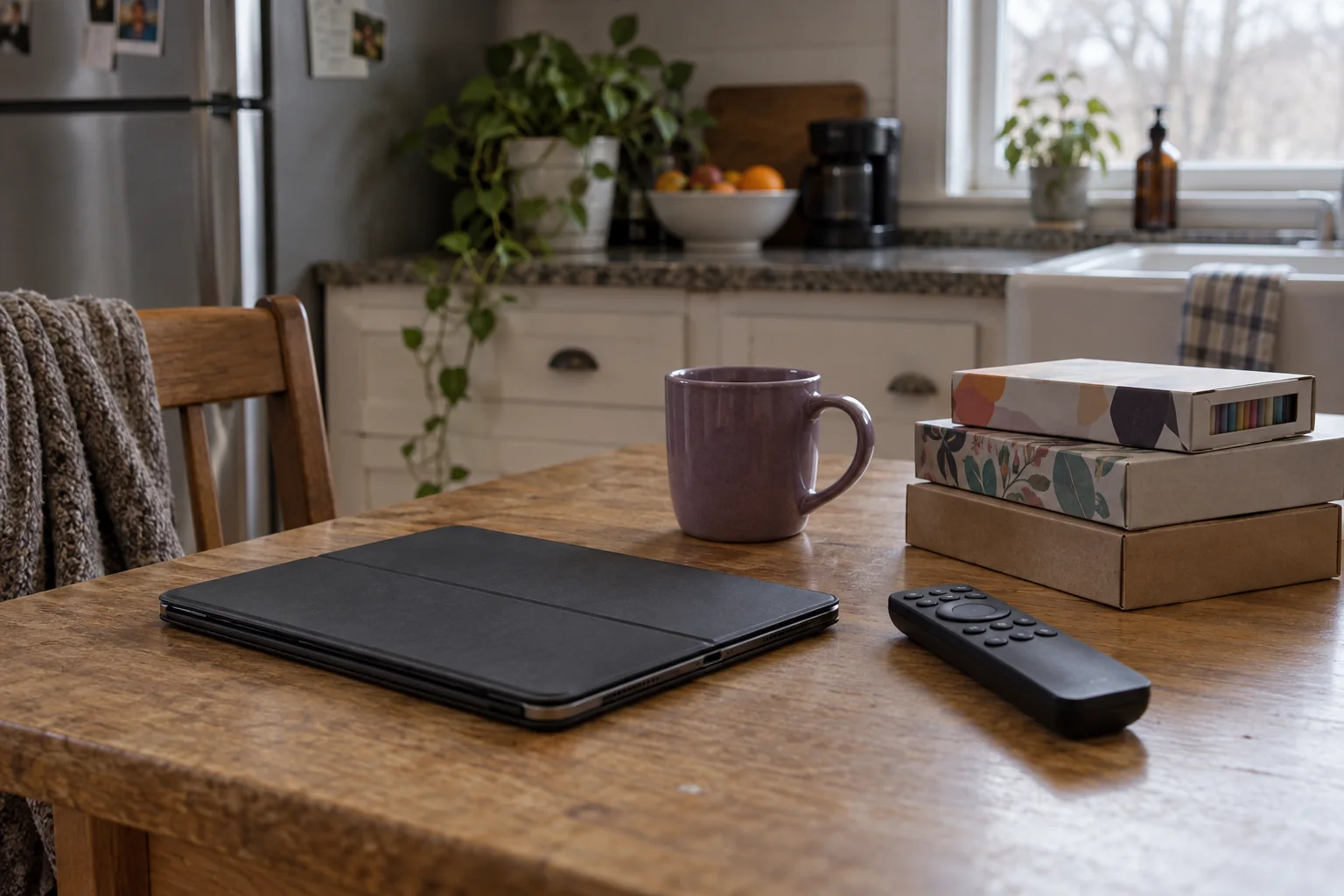 A tablet, television remote, mug, and unopened boxes sit on a kitchen table.