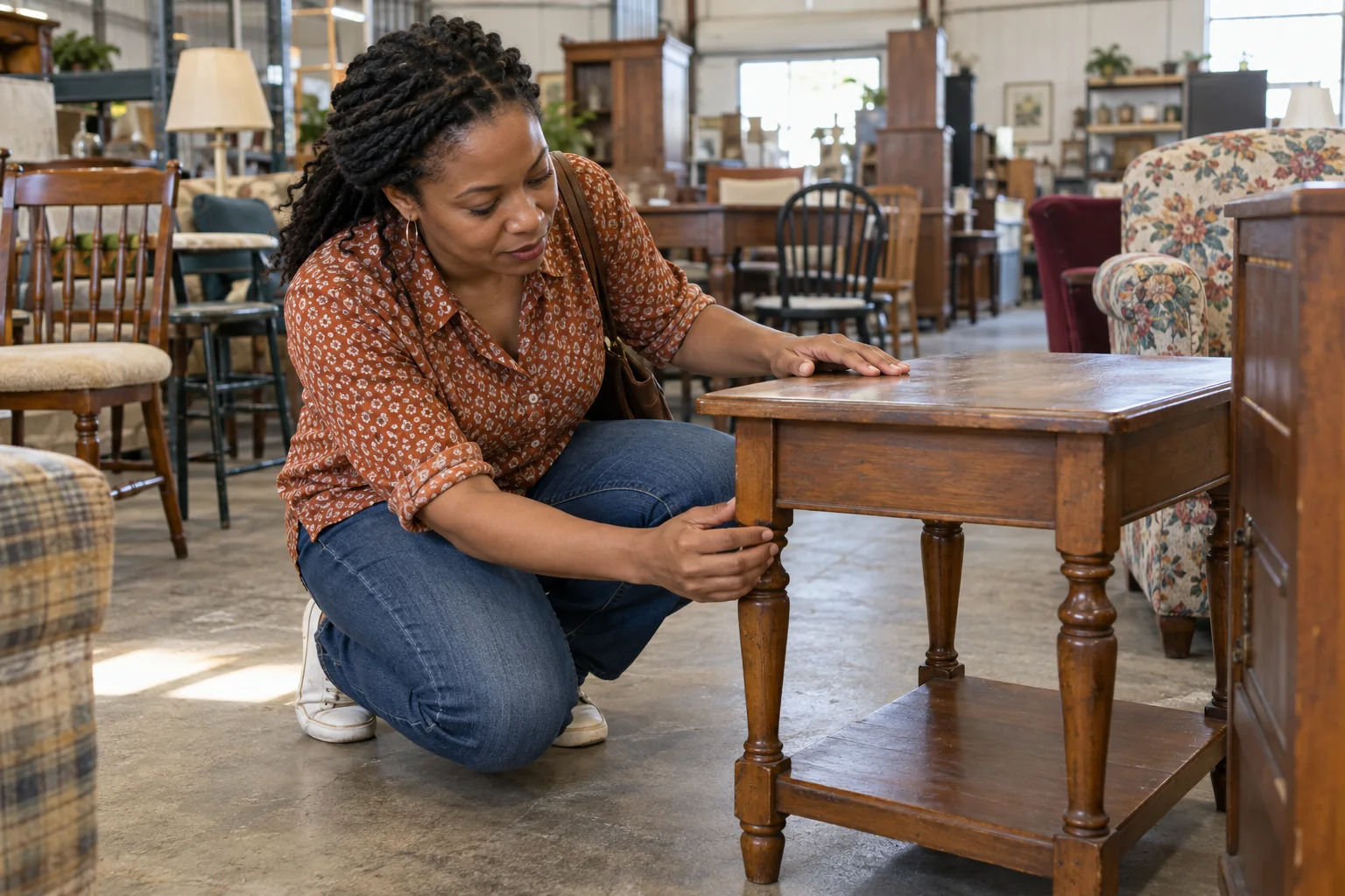 A woman checks the leg of a wooden side table in a secondhand furniture store.