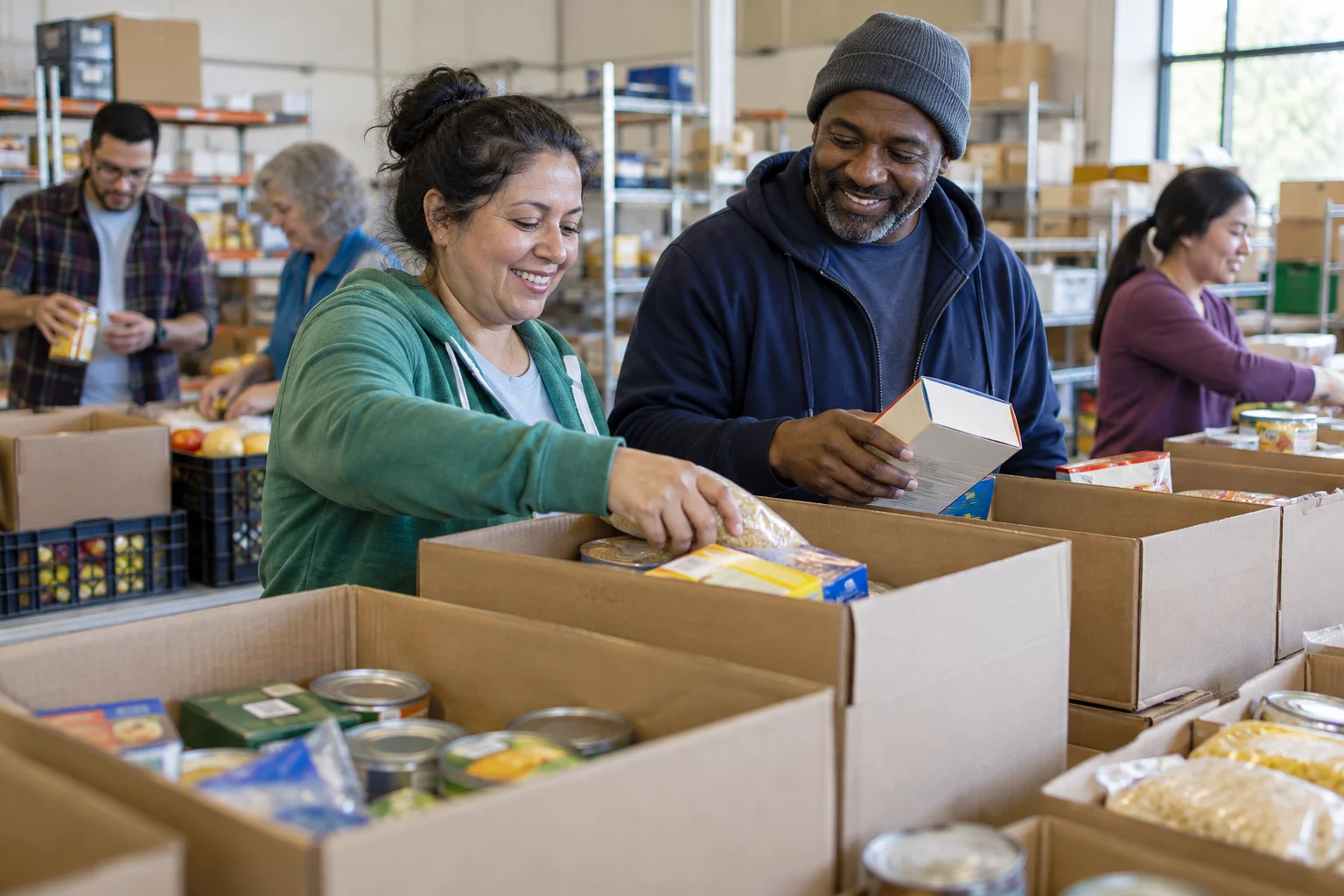 Volunteers sort food packages into boxes at a community pantry.
