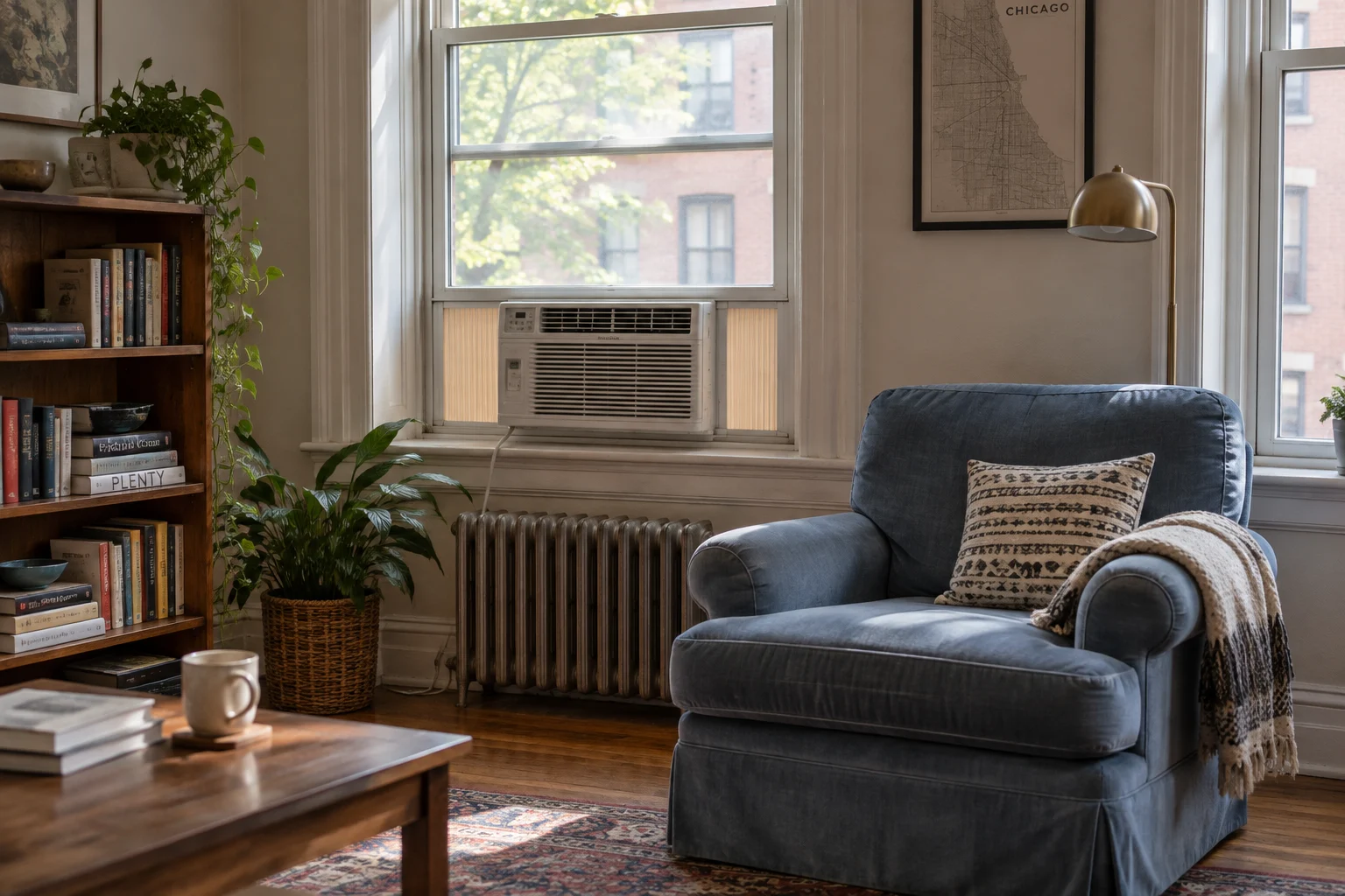 Window air conditioner above a radiator beside a blue armchair.