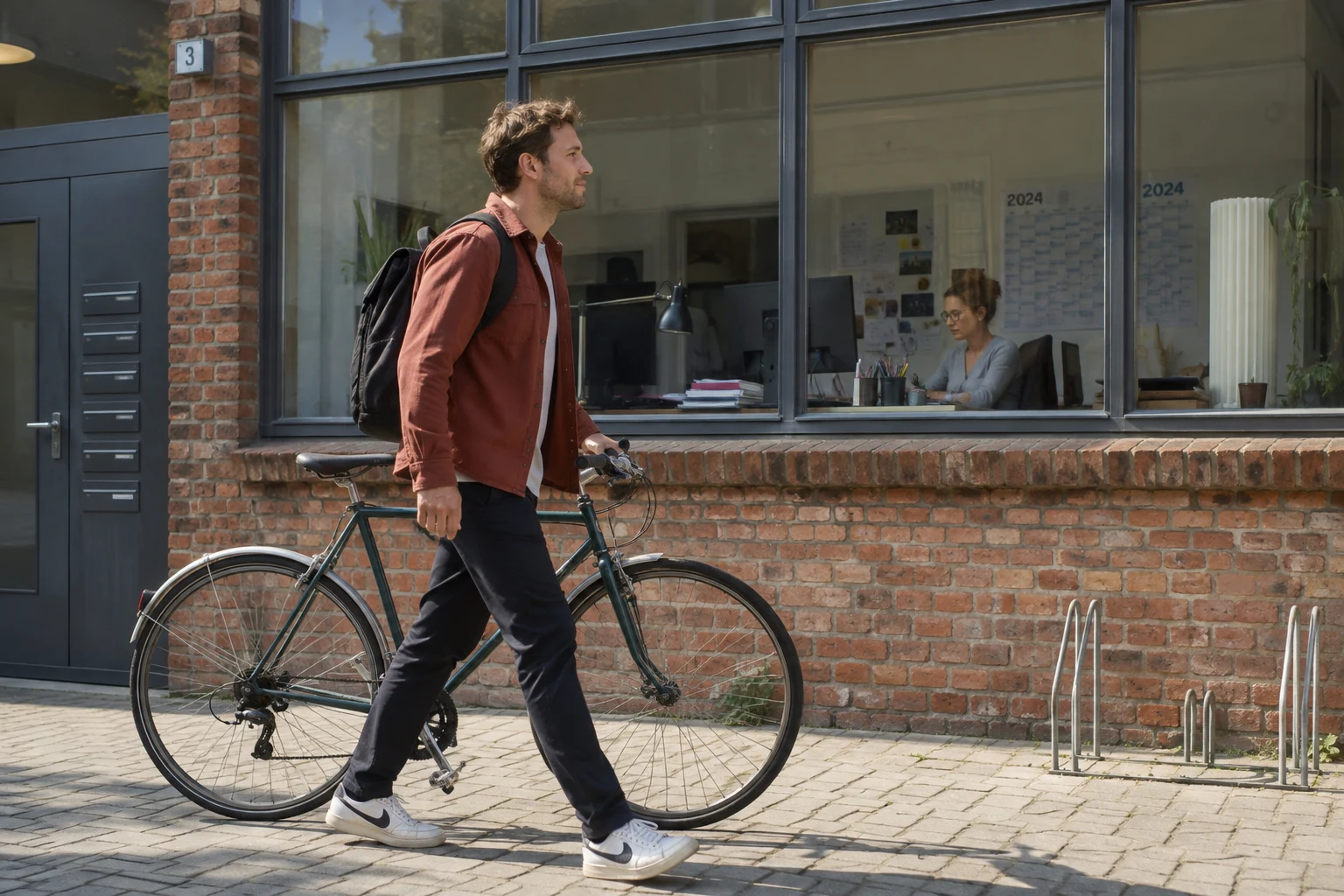 Ein Mann verlässt am Nachmittag ein Büro und steigt auf sein Fahrrad.