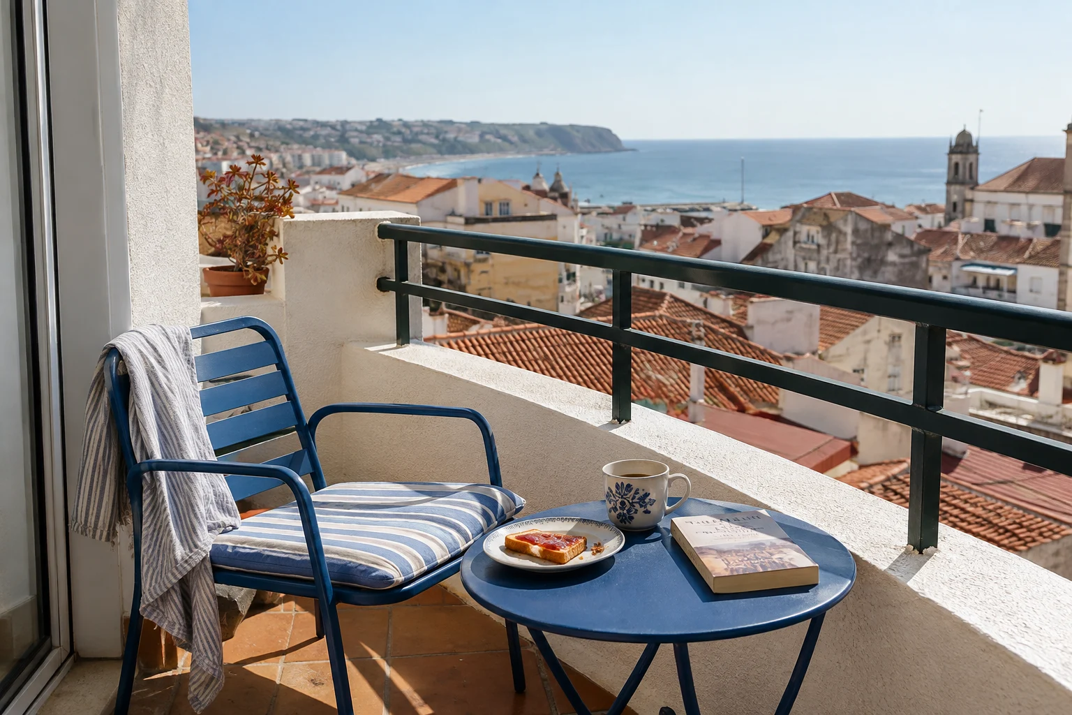 Frühstück und ein Buch auf dem Balkon einer Ferienwohnung.