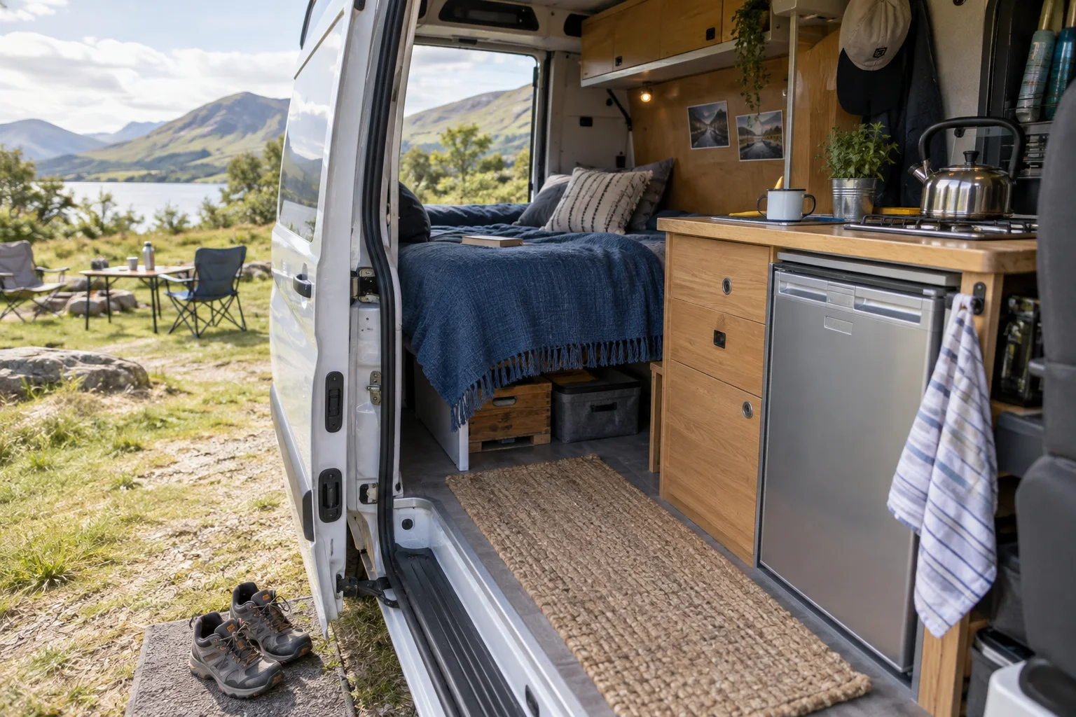 Blick durch die offene Seitentür eines Campers auf Küchenzeile und Bett.