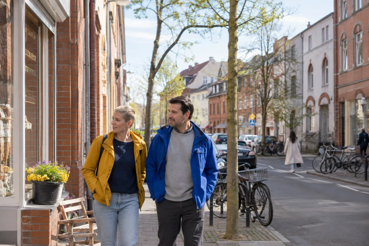 Ein Paar erkundet zu Fuß ein Wohnviertel einer kleineren Stadt.
