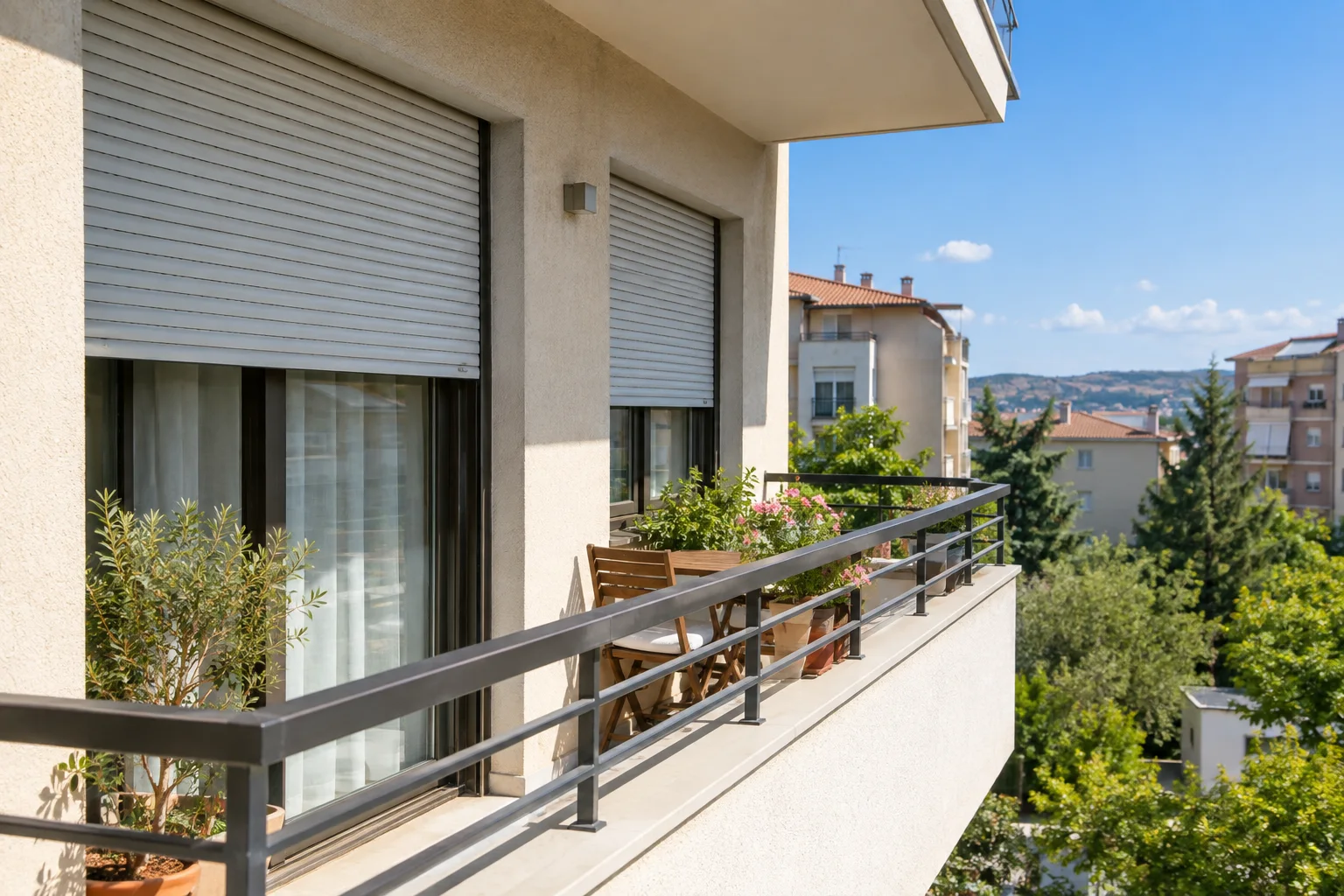 Außenliegende Rollläden beschatten die Fenster eines Wohnhauses an einem sonnigen Tag.
