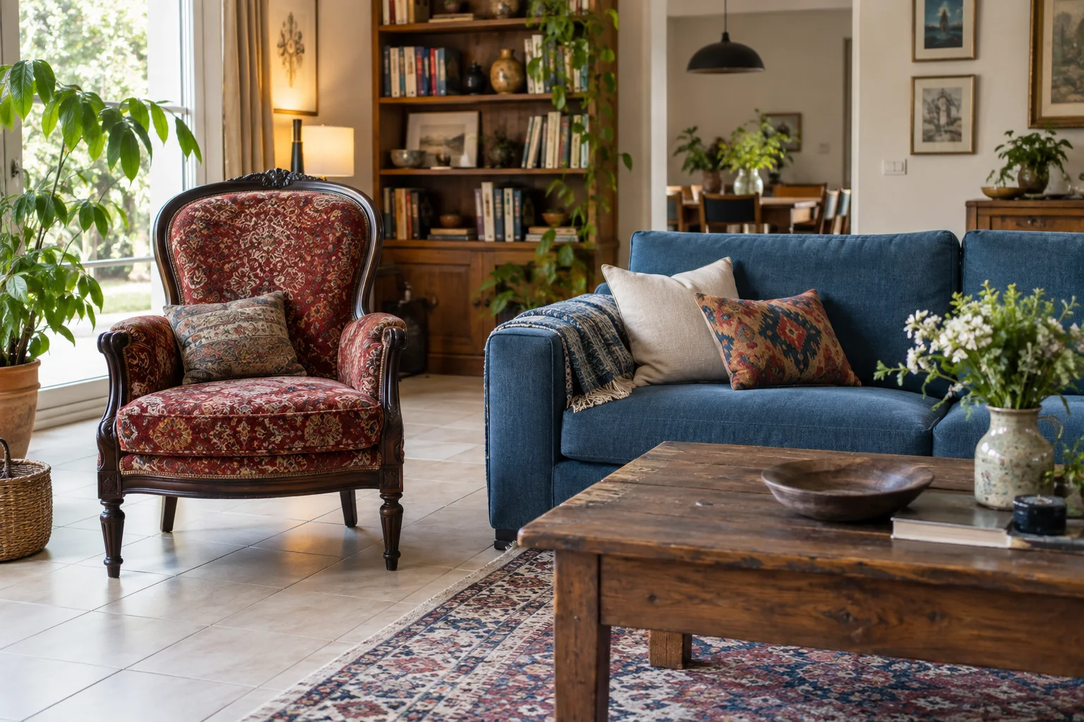 Ein blaues Sofa und ein gemusterter Sessel stehen gemeinsam in einem Wohnzimmer.