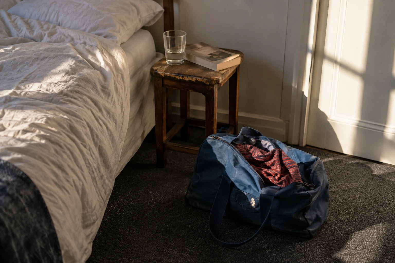 Eine gepackte Wochenendtasche steht auf einem Teppich neben dem Bett.