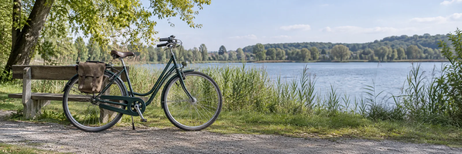 Ein grünes Alltagsfahrrad steht neben einer Holzbank an einem sonnigen Seeufer.
