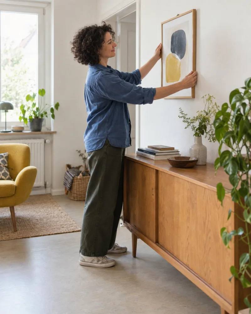 Eine Frau richtet ein gerahmtes Bild über einem hölzernen Sideboard aus.