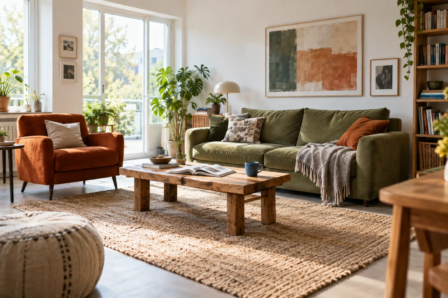 Heller Wohnraum mit grünem Sofa, rostfarbenem Sessel und einem offenen Buch auf dem Holztisch.