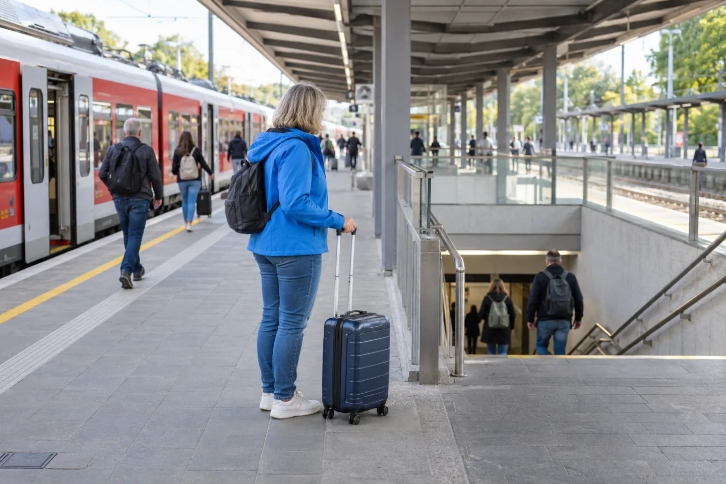 Reisende mit blauer Jacke und Rollkoffer steht auf einem Bahnsteig nahe einer Treppe zur Unterführung