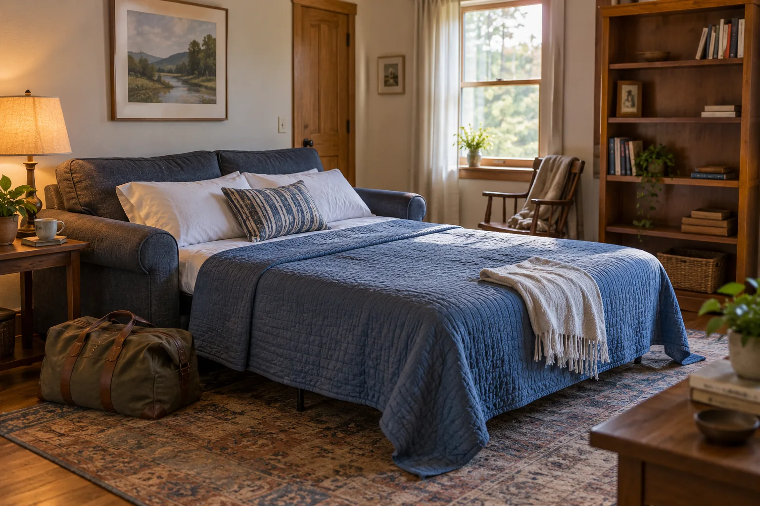 A sofa bed with a blue quilt, an overnight bag, and a reading lamp in a multipurpose room.