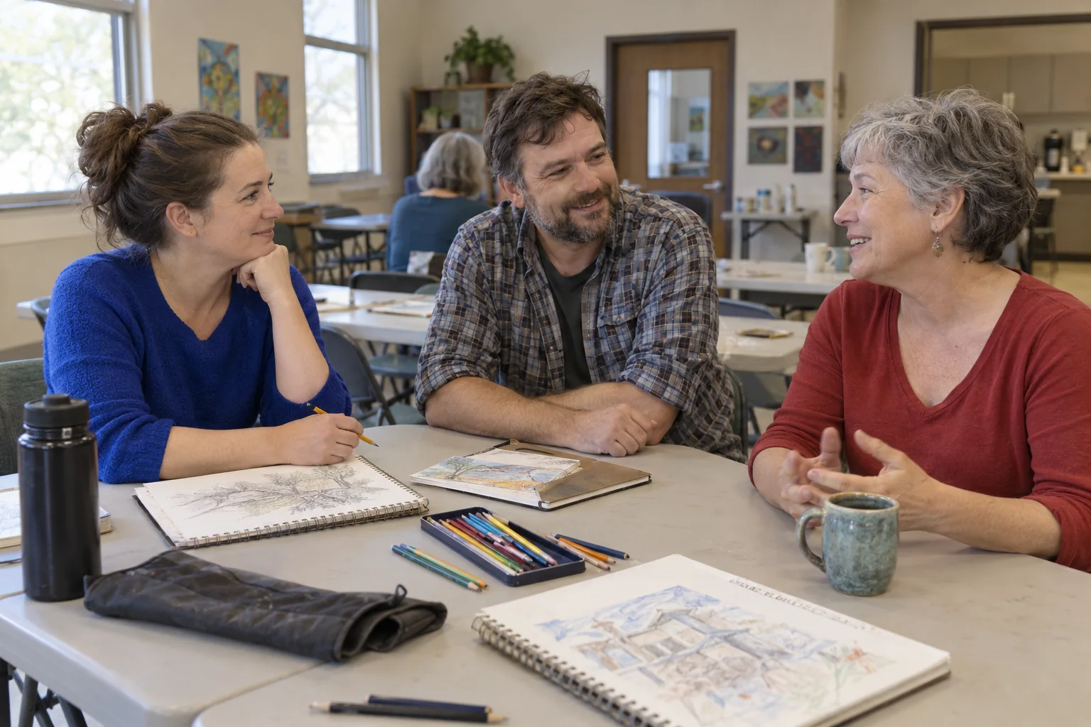 Three adults talk around a table with sketchbooks and pencils in a community room.