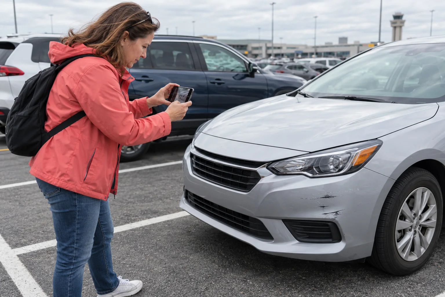 Traveler photographs the front bumper of a rental car in an airport parking lot