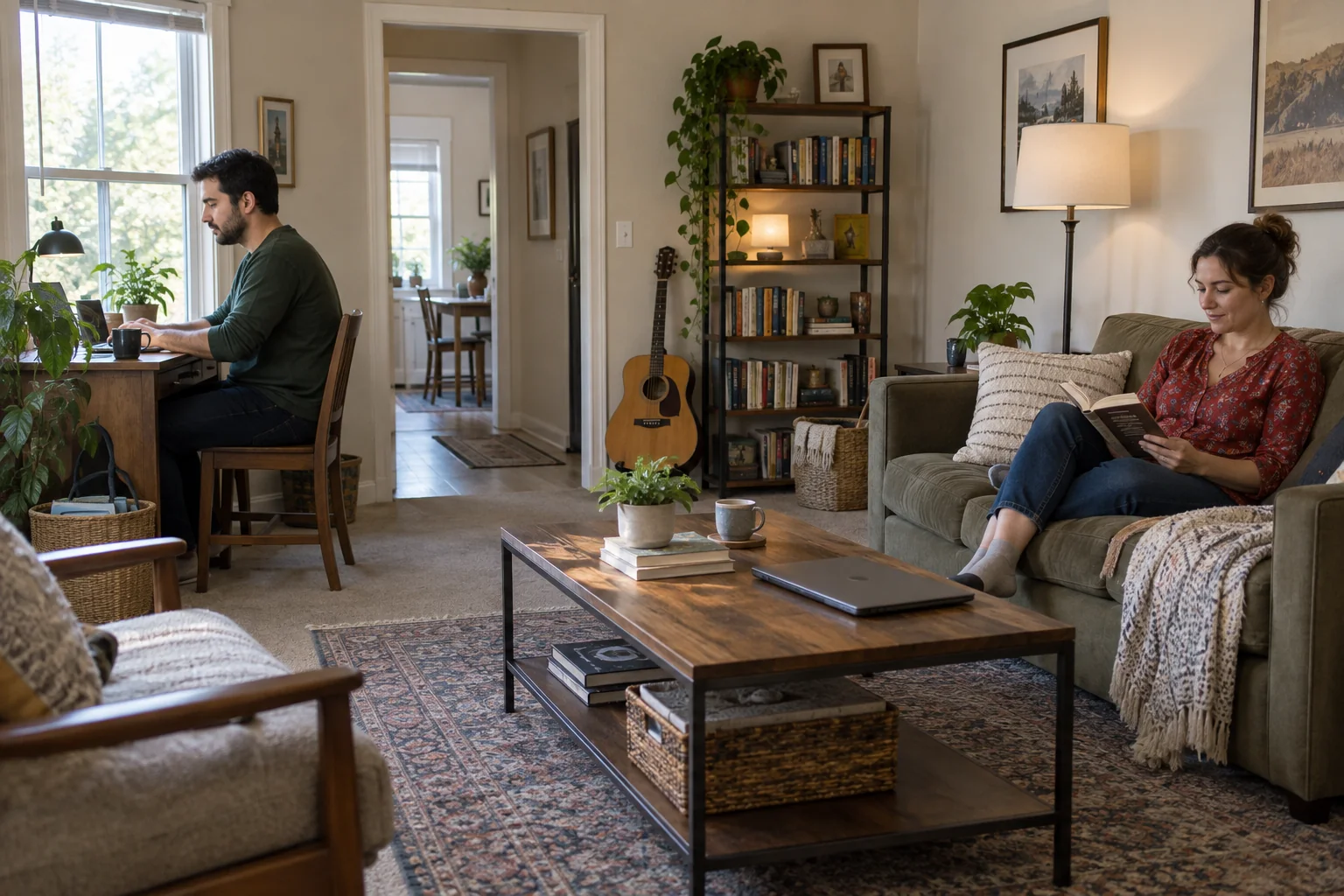 Two people use separate desk and seating areas in a shared living room.
