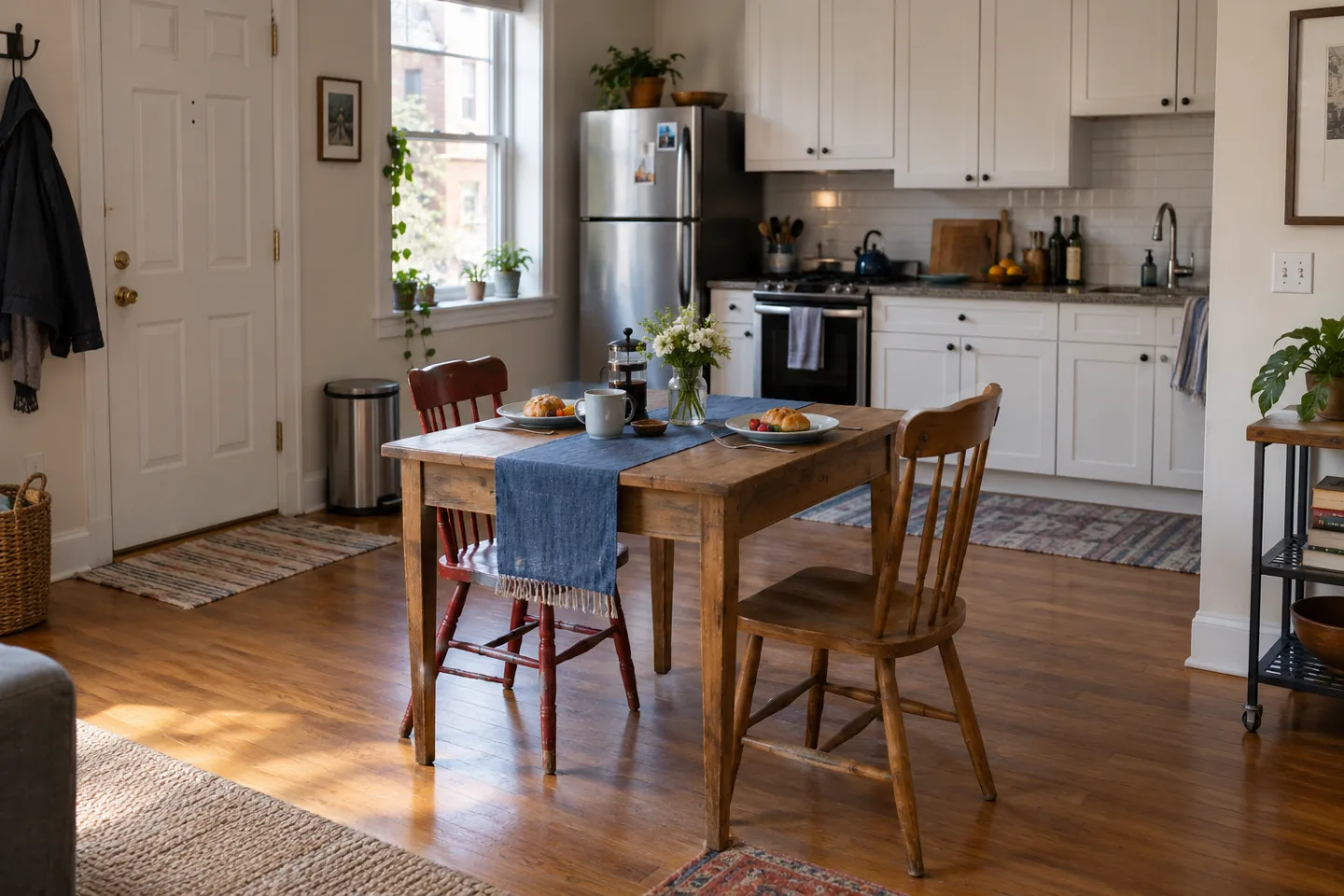 Small wooden dining table with two mismatched chairs beside an apartment kitchen