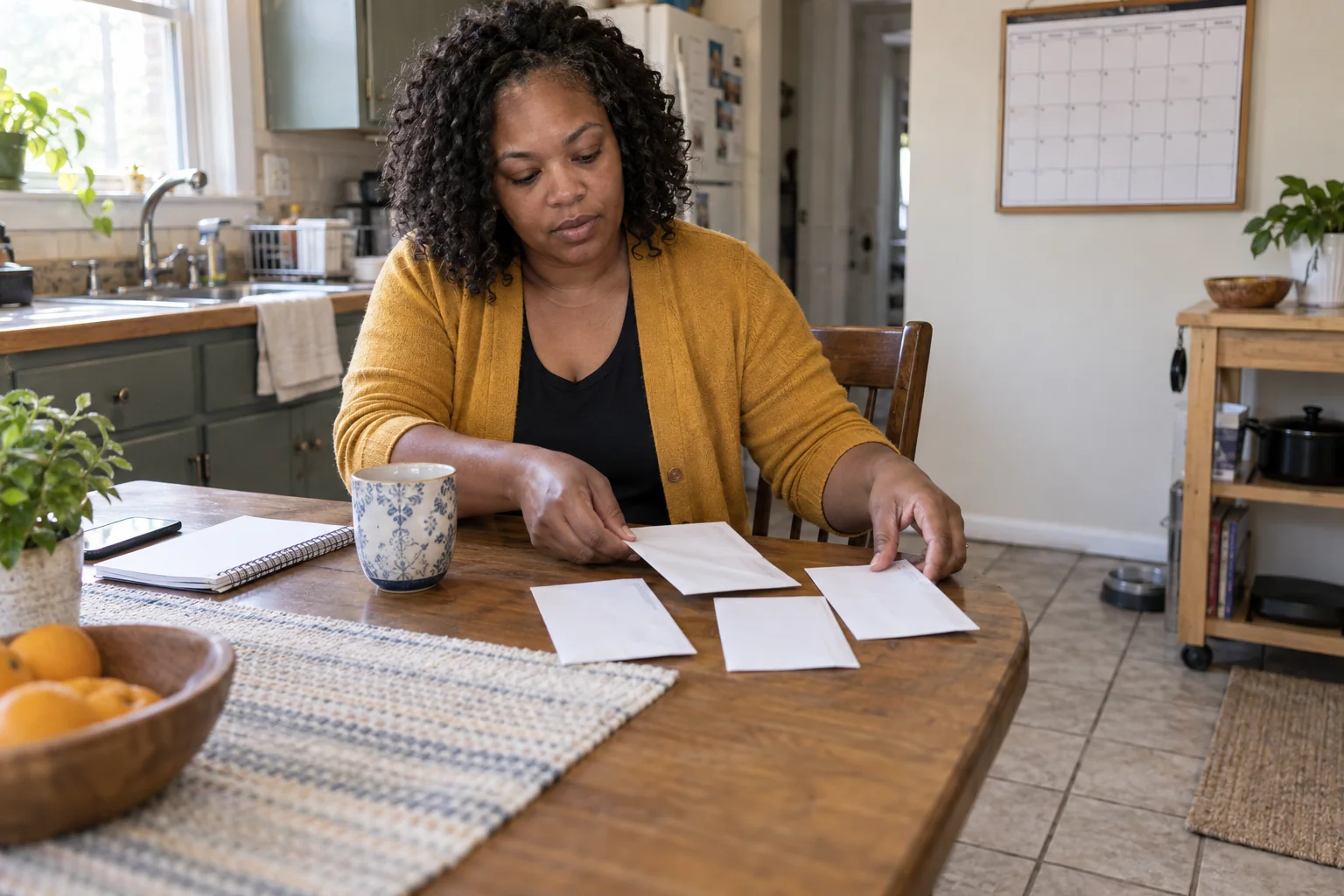 Woman sorting envelopes at a kitchen table beside a notebook and phone